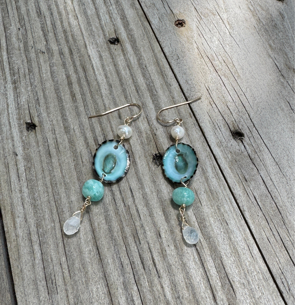 shell, amazonite, and pearl earrings