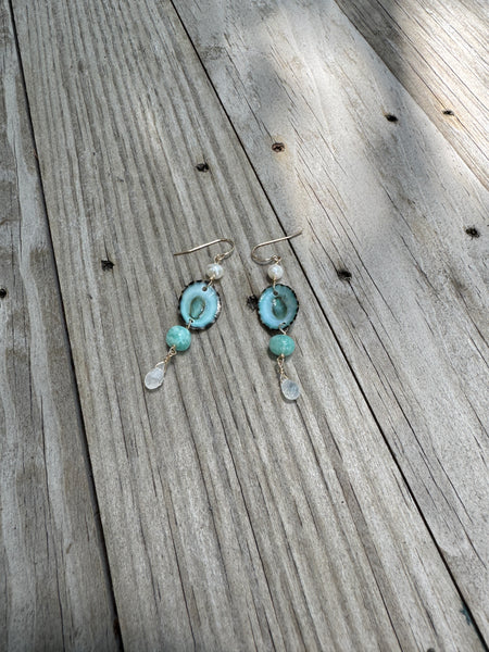 shell, amazonite, and pearl earrings