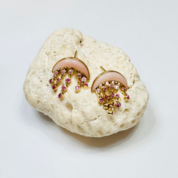 Crescent pink opal and sapphire dangle studs