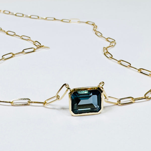 bezel set london blue topaz on paperclip chain