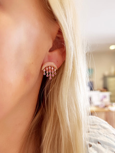 Crescent pink opal and sapphire dangle studs