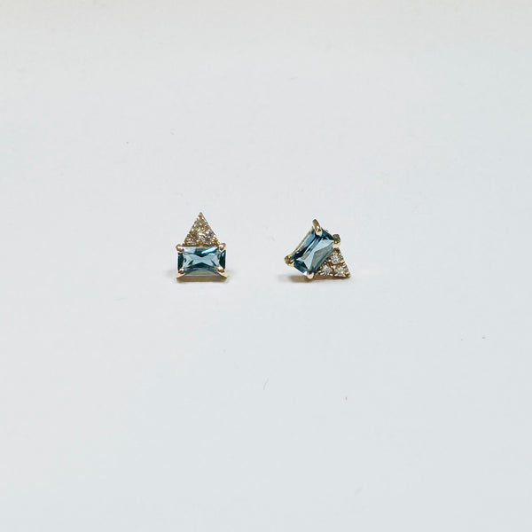 blue topaz baguette and diamond cluster studs
