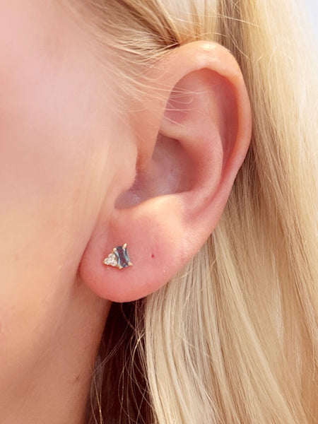 blue topaz baguette and diamond cluster studs