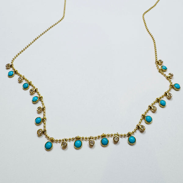 turquoise and diamond bezel set fringe necklace