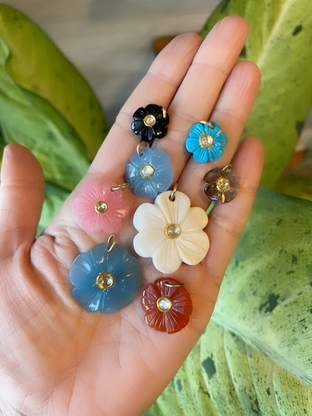 carved blue chalcedony flower pendant, medium