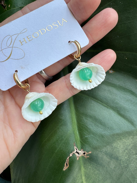 shell and chrysoprase huggie charms