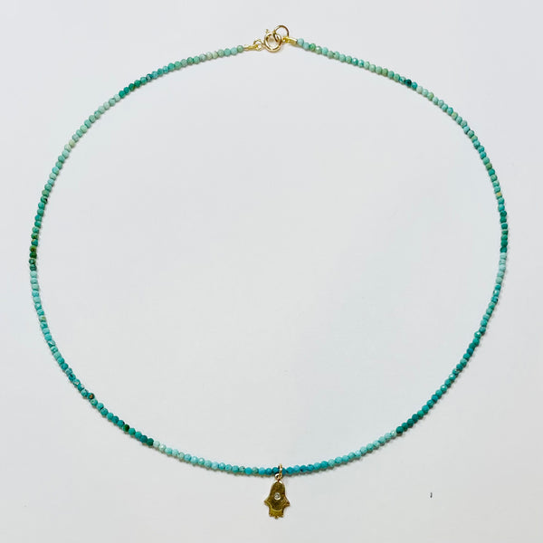 delicate shaded turquoise necklace with hamsa charm