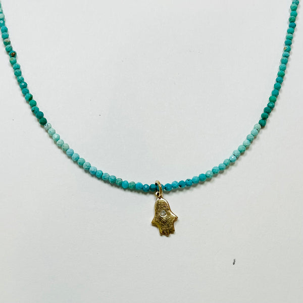 delicate shaded turquoise necklace with hamsa charm