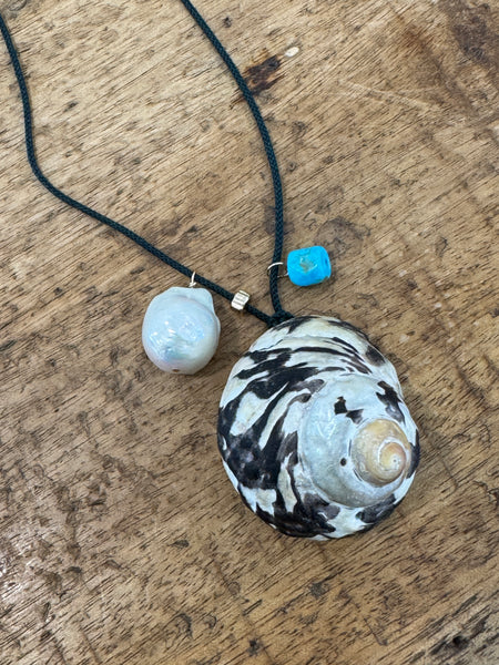 Kumihimo silk cord charm necklace, teal with turquoise, pearl, and moon snail