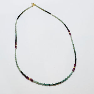 delicate teal tourmaline necklace with ruby and gold nuggets