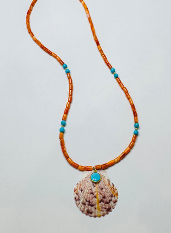 CN Coral and turquoise necklace with shell pendant