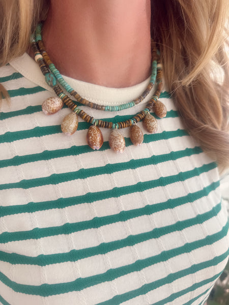 cowrie shell collar, turquoise and tigers eye