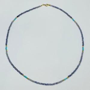 delicate iolite necklace with turquoise and gold nuggets