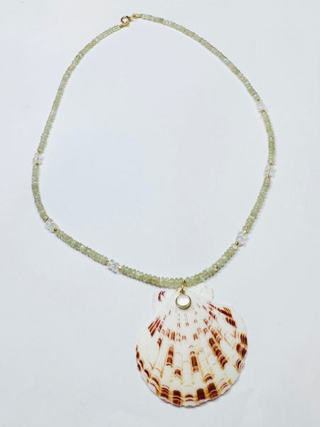 prehnite necklace with shell pendant