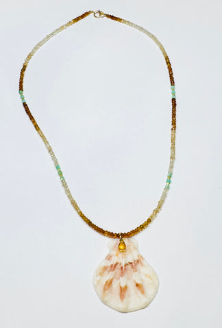 shaded sapphire and chrysoprase cube necklace with strawberry shell pendant