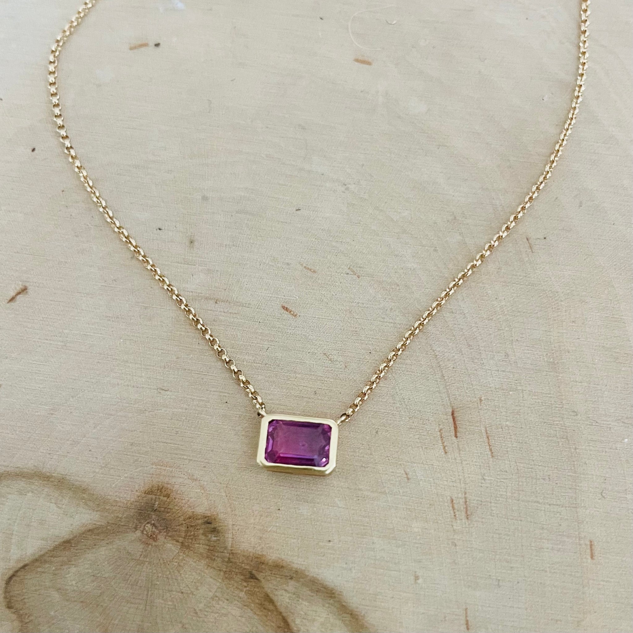 Pink sapphire bezel set necklace