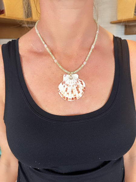 prehnite necklace with shell pendant