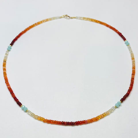 delicate shaded fire opal necklace with turquoise chalcedony and gold nuggets