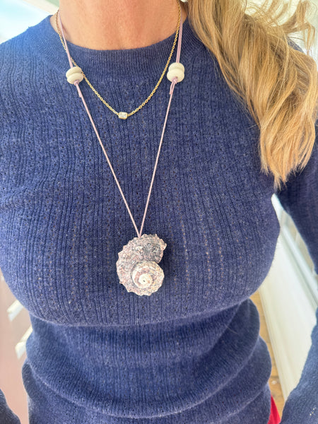 Kumihimo silk cord charm necklace, lavender with nautilus shell