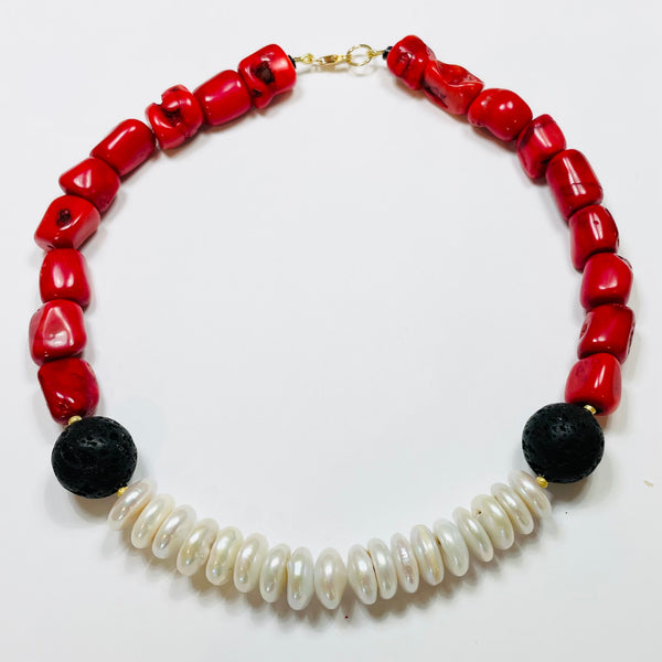 pearl, coral, and lace statement collar