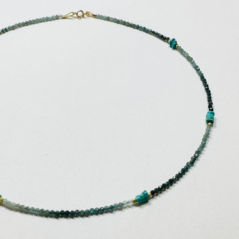 delicate blue sapphire necklace with turquoise and gold nuggets