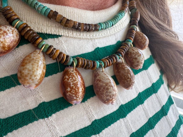 cowrie shell collar, turquoise and tigers eye