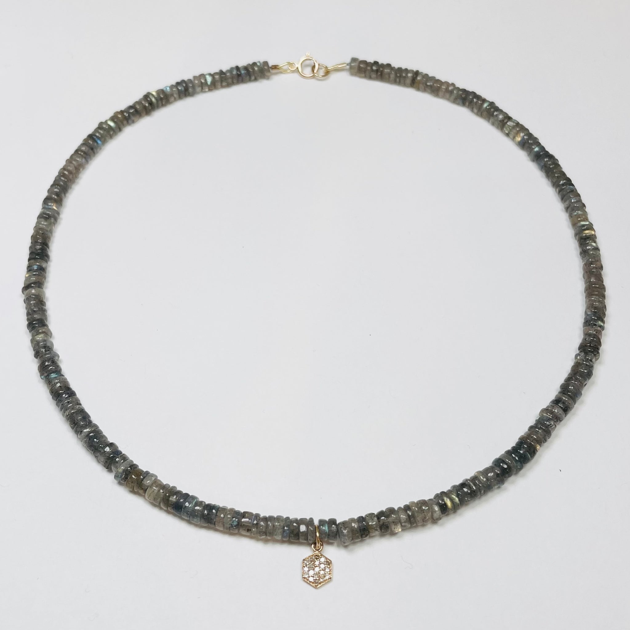 labradorite smooth heishi necklace with diamond hexagon charm