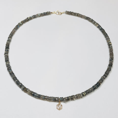 labradorite smooth heishi necklace with diamond hexagon charm