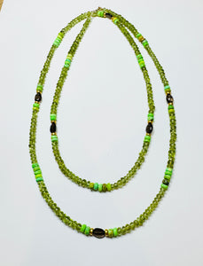 peridot, green turquoise, smokey topaz, and gold layering necklace