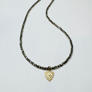 delicate block pyrite necklace with doily heart charm