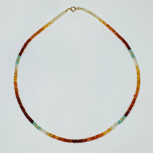 shaded fire opal necklace with turquoise and gold nuggets