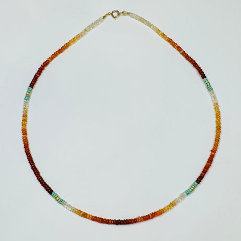 shaded fire opal necklace with turquoise and gold nuggets