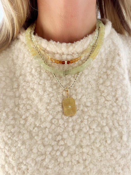 Prehnite necklace with Hessonite garnet and enamel bead