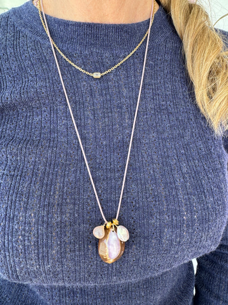 Kumihimo silk cord charm necklace, lavender with pearl, peach chalcedony, and purple cowrie shell