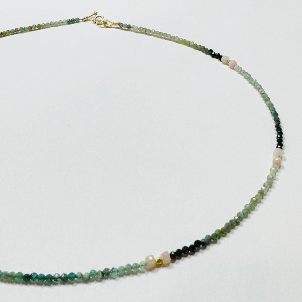 delicate shaded teal tourmaline necklace with pink opal and gold nuggets