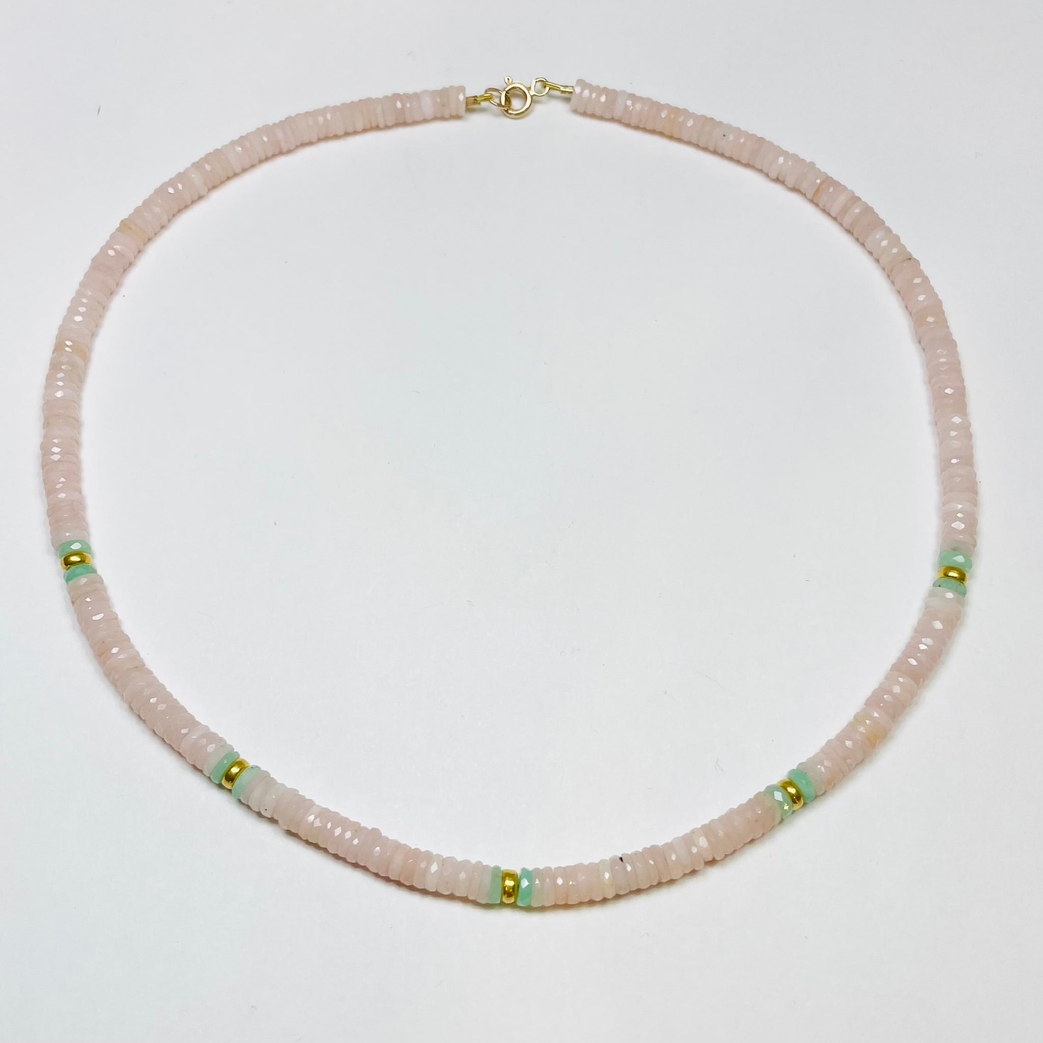 Pink opal heishi necklace with turquoise and gold beads