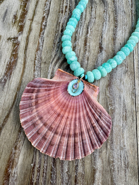 amazonite necklace with Mexican shell pendant