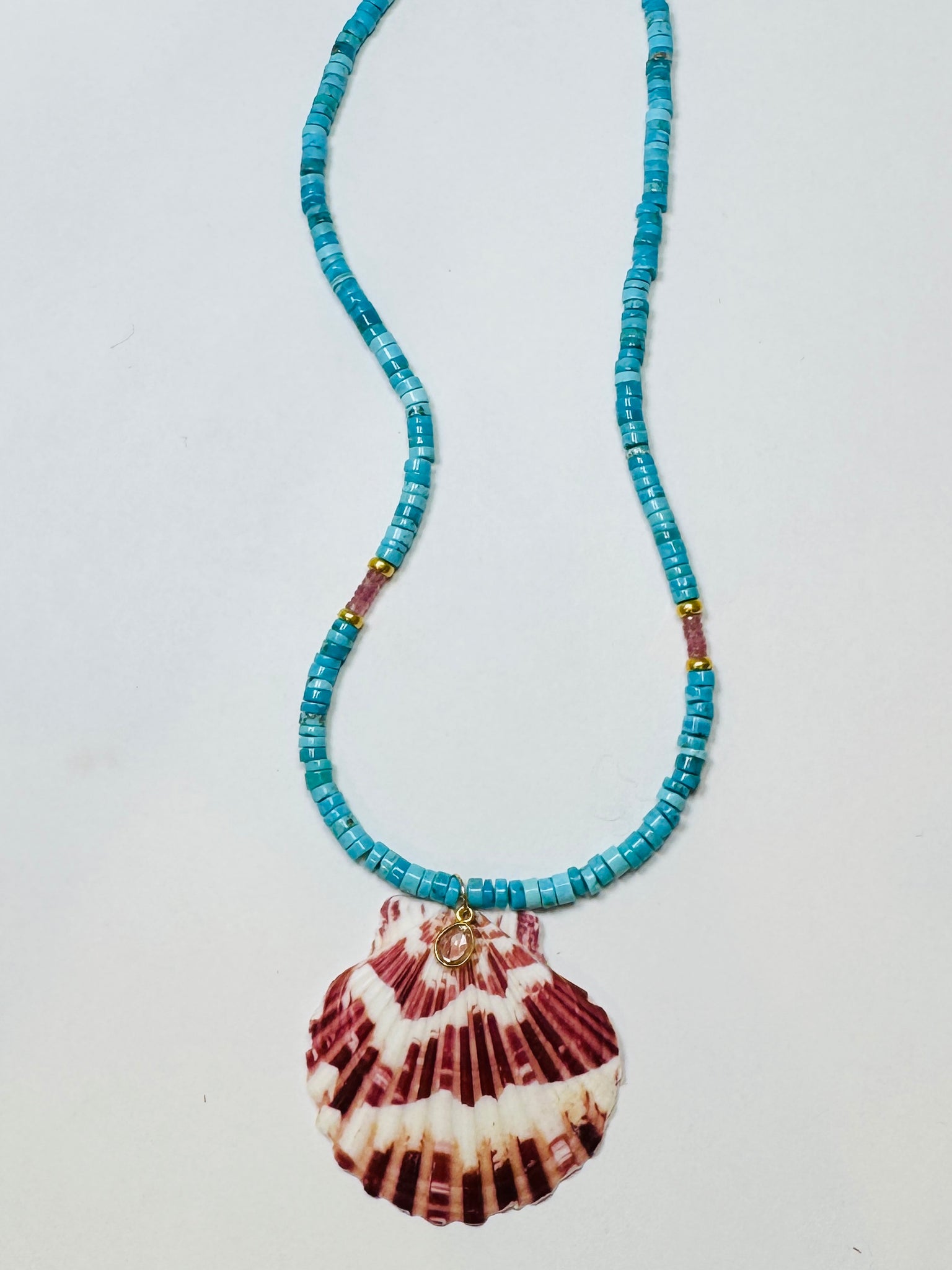 turquoise and strawberry quartz necklace with shell pendant