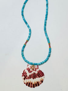 turquoise and strawberry quartz necklace with shell pendant
