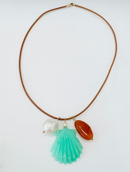 Leather cord charm necklace,chrysoprase shell with diamond bezel