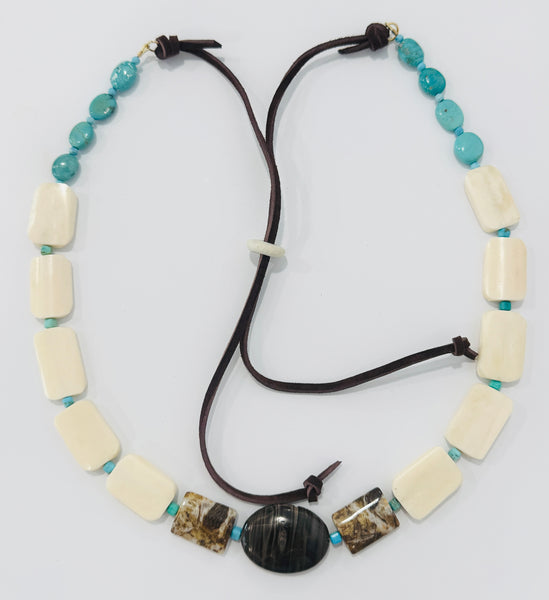 Convertible hat band, bone, turquoise, and jasper