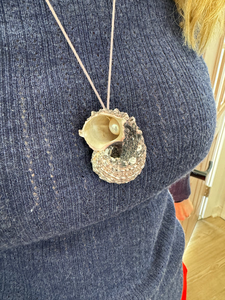 Kumihimo silk cord charm necklace, lavender with nautilus shell