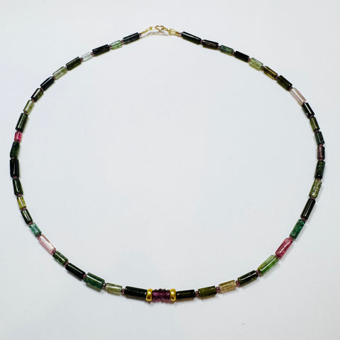 tube tourmaline necklace with garnet heishi, one station