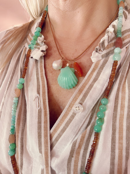 Leather cord charm necklace,chrysoprase shell with diamond bezel