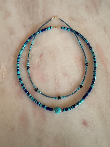 turquoise and lapis heishi necklace with center focal