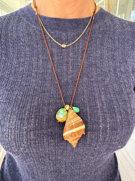 Kumihimo silk cord charm necklace, brown with chrysoprase, turquoise, and crown conch