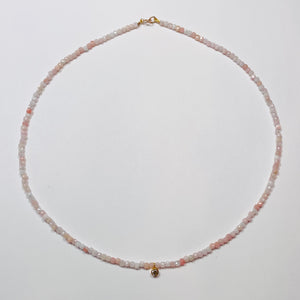 delicate block pink opal necklace with bezel diamond charm