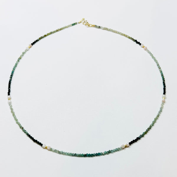 delicate shaded teal tourmaline necklace with pink opal and gold nuggets