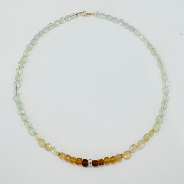 Prehnite necklace with Hessonite garnet and enamel bead