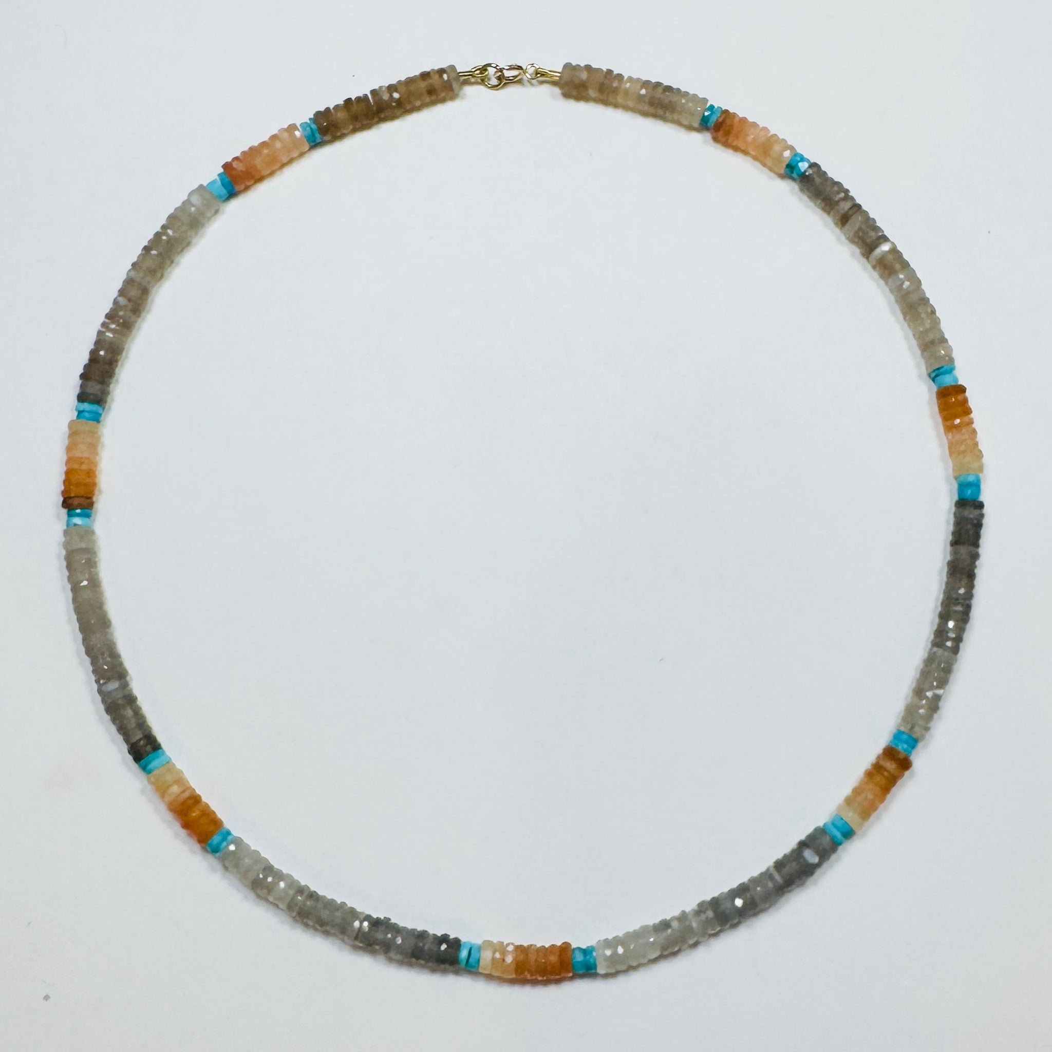 shaded peach and gray moonstone heishi with turquoise pop